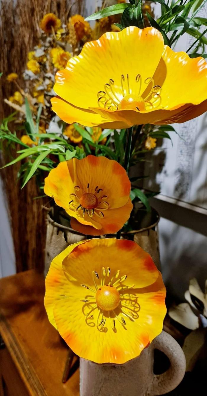 3Pc Set Sunburst Metal Garden Poppies  |  Metal Flowers Metal Decor Metal Decor