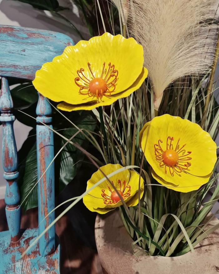 3Pc Set Yellow Metal Garden Poppies  |  Metal Decor Metal Decor Metal Decor