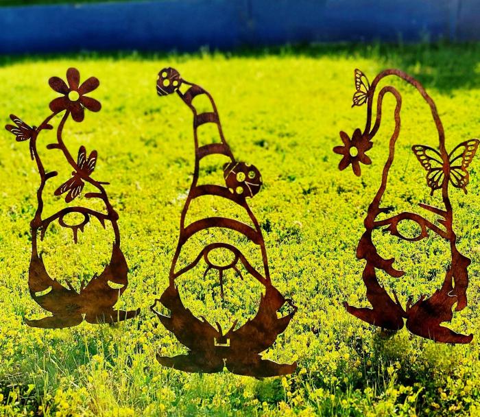 3Pc Tall Nature Gnomes Garden Stakes  |  Metal Decor Fairy Garden Fairy Garden