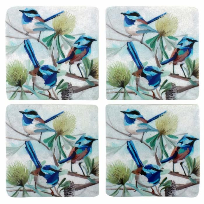 4Pc Blue Wrens Resin Coaster Set  |  Coasters Coasters Coasters