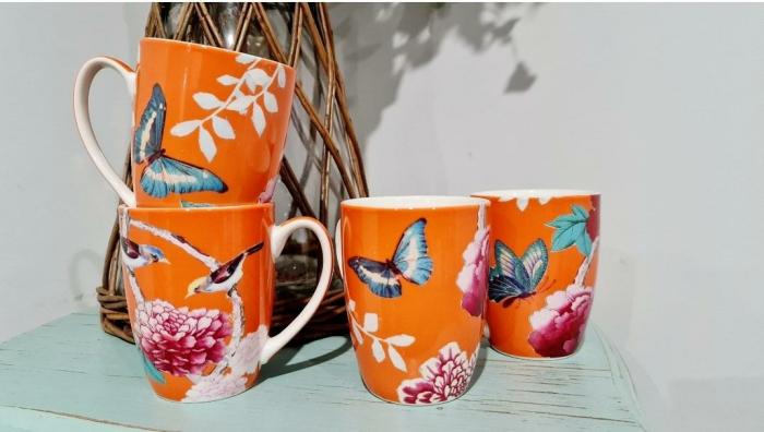 4Pc Chino Peonies Mug Set – Tangerine  |  Mugs Kitchenware Mugs