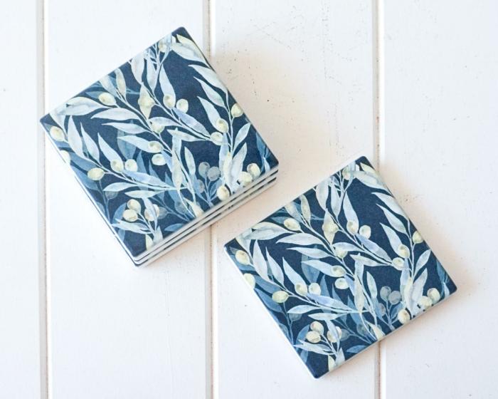 4Pc Olive Branches Ceramic Coasters – Dusty Blue  |  Coasters Coasters Coasters