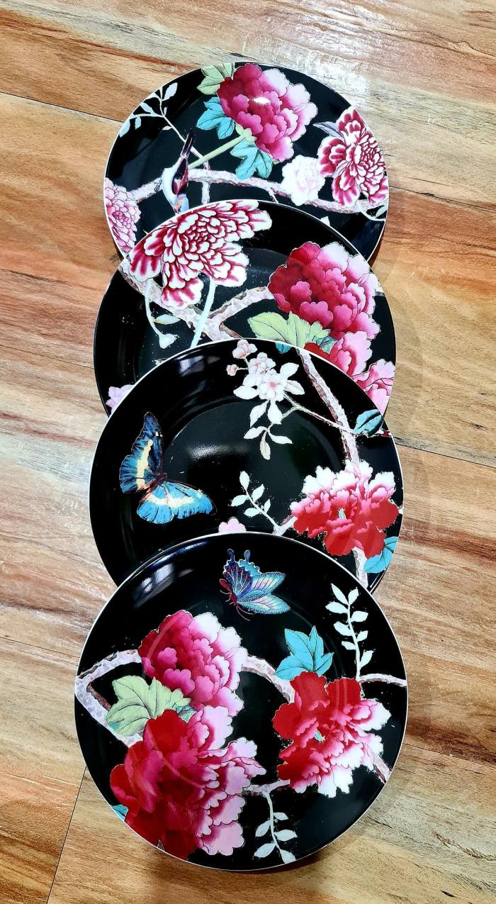 4Pc Peonies Side / Dessert Plates – Black  |  Catering & Tableware Catering & Tableware Catering & Tableware