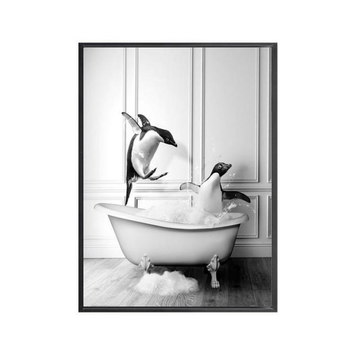 Black & White Art Series – Framed Canvas Art – Penguins Bath Time  |  Framed Wall Canvas Art Framed Wall Canvas Art Framed Wall Canvas Art