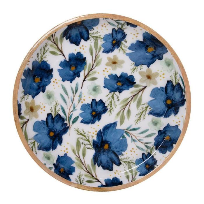 Blue Wildflower Mangowood Enamel Round Tray  |  Trays Bowls Kitchenware Trays Bowls