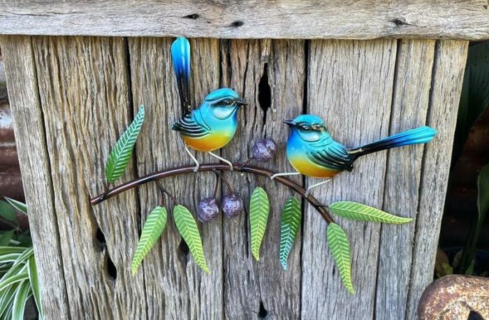 Blue Wrens On Gumnut Branch  |  Metal Decor Garden Creatures Garden Creatures