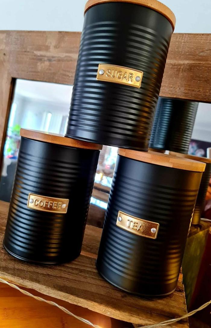 Canister Set – 3Pc Coffee Tea Sugar – 1Litre – Black Corrugated  |  Canisters Canisters Canisters