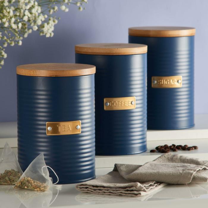 Canister Set – 3Pc Coffee Tea Sugar – 1Litre – Navy Corrugated  |  Canisters Canisters Canisters