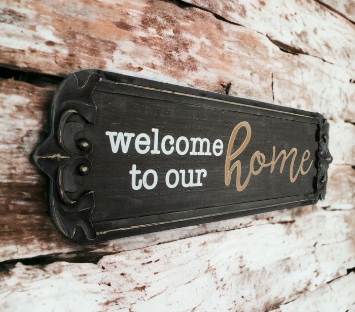 Carved Black Wash Welcome To Our Home Sign – 80Cm  |  Quote Wall Plaques Homewares Quote Wall Plaques