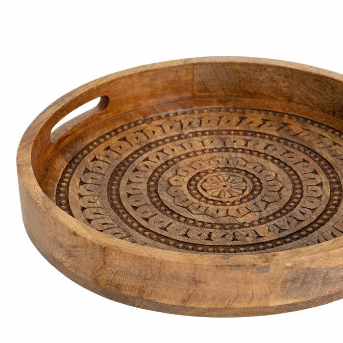 Carved Mango Wood Round Mandala Tray  |  Trays Bowls Kitchenware Trays Bowls