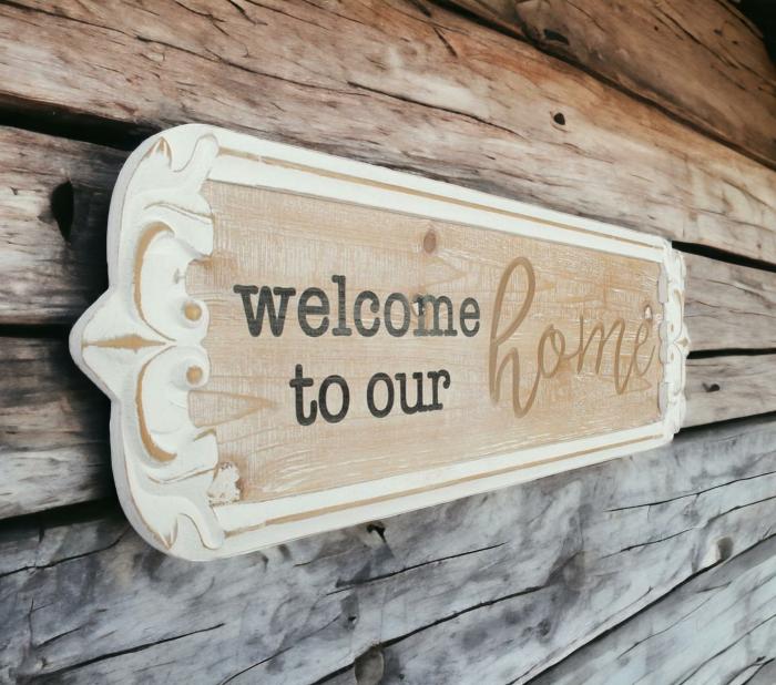 Carved White Wash Welcome To Our Home Sign – 80Cm  |  Quote Wall Plaques Homewares Quote Wall Plaques