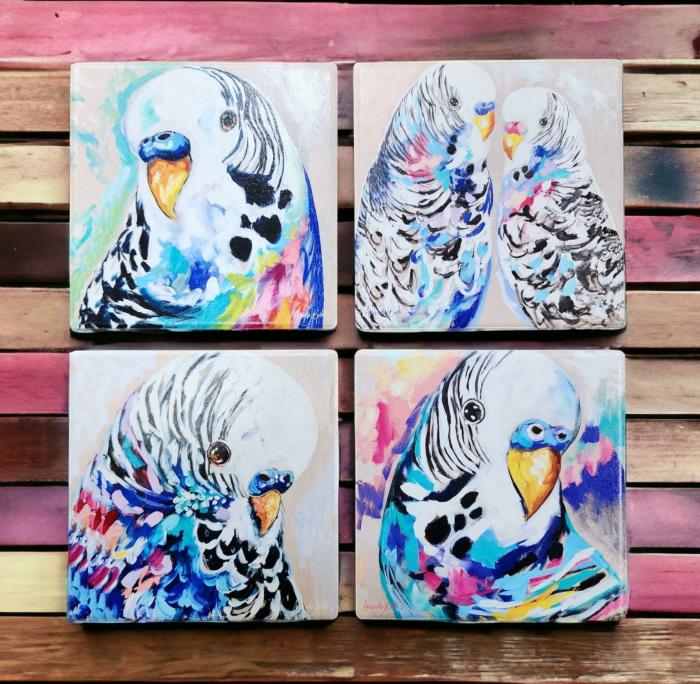 Colourful Budgies 4Pc Coaster Set – Artist Lab  |  Coasters Homewares Coasters