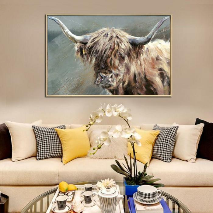 Country Calm Highland Cow – Framed Brushed Canvas Wall Decor  |  Framed Wall Canvas Art Cow Lovers Cow Lovers