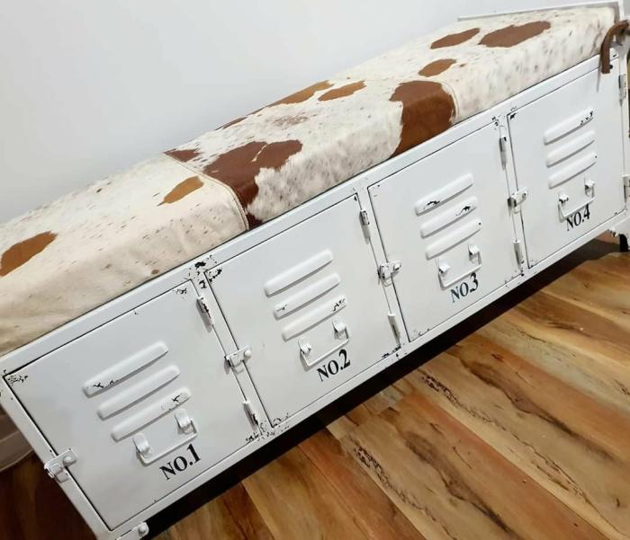 Cow Hide Iron Locker Bench  |  Cow Lovers Cow Lovers Cow Lovers