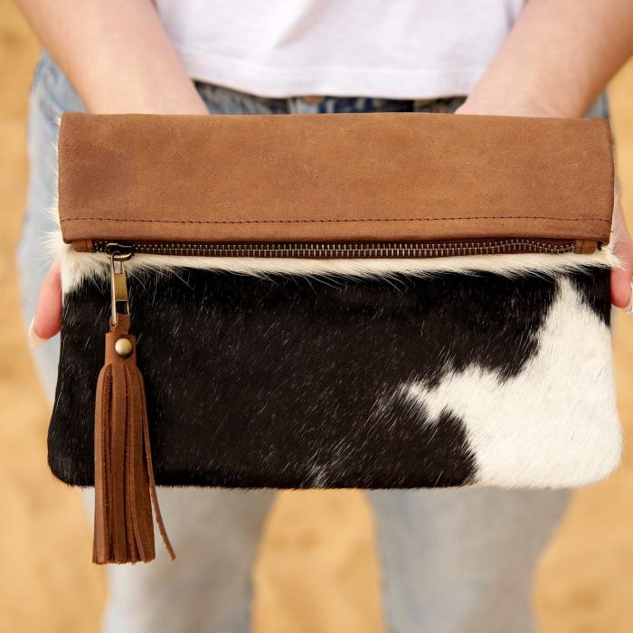 Cow Hide & Leather Clutch Bag Flip Purse  |  Cow Lovers Cow Lovers Cow Lovers