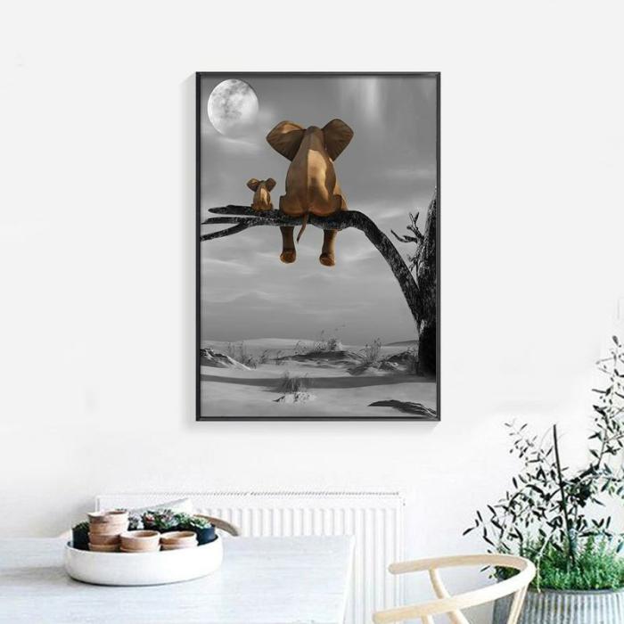 Elephant Moon Watching – Framed Canvas Wall Decor  |  Framed Wall Canvas Art Framed Wall Canvas Art Framed Wall Canvas Art