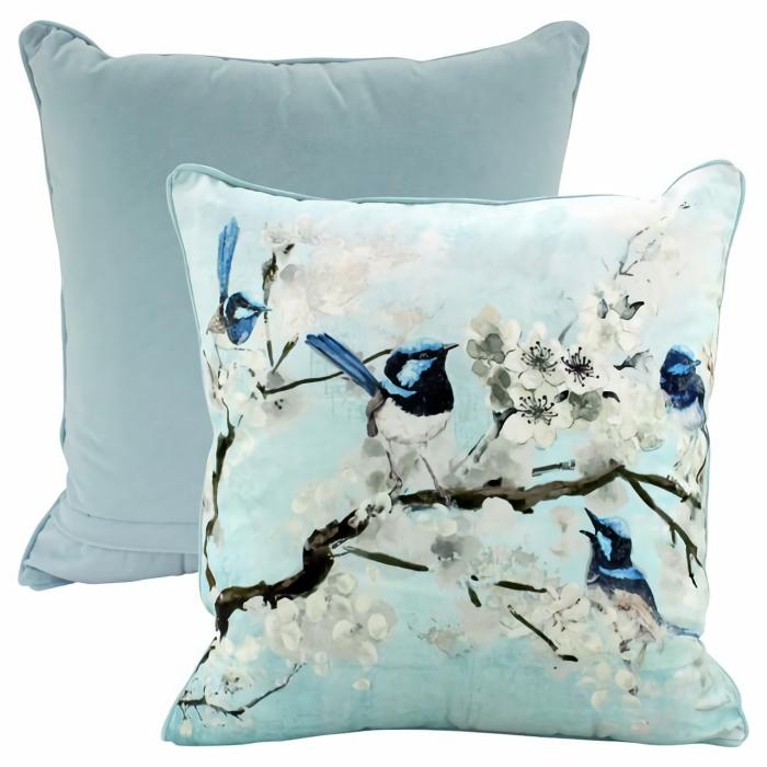 Fairy Wrens On A Branch Luxury Velvet Cushion 50 X 50  |  Cushions Cushions Cushions