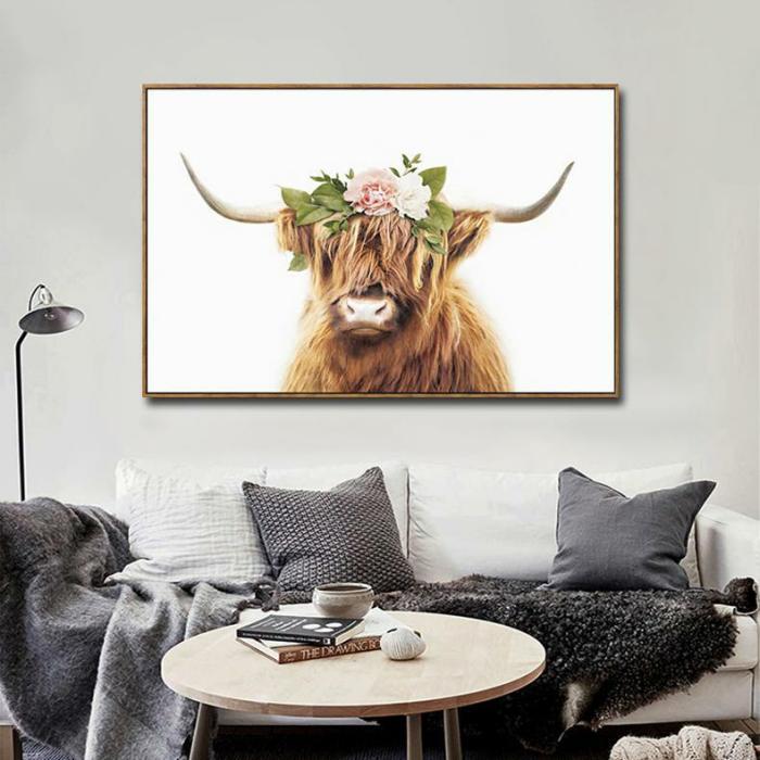 Flower Garland Highland Bull – Framed Canvas Wall Decor  |  Cow Lovers Cow Lovers Cow Lovers