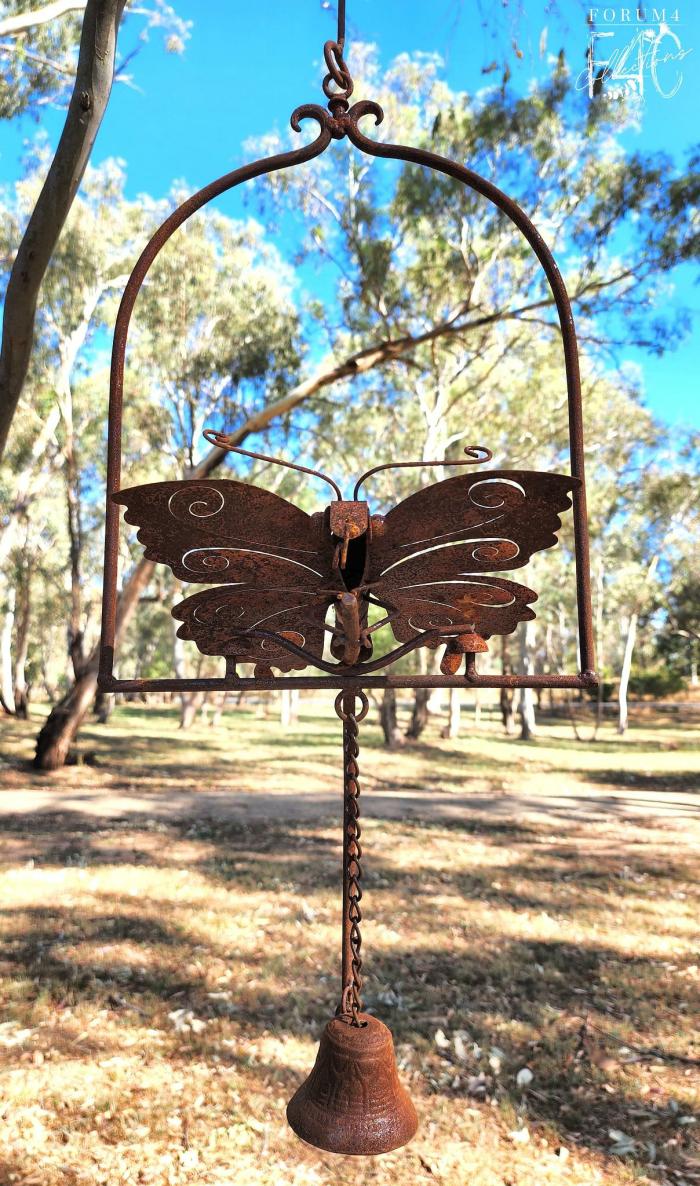 Framed Rusty Hanging Bell With Butterfly  |  Rusty Garden Items Garden Accessories Garden Accessories