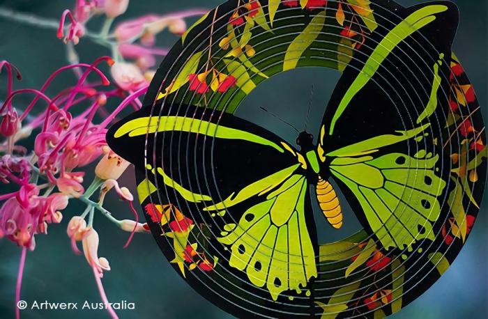 Green Birdwing Butterfly – Coloured – Stainless Steel Wind Whirl Spinner  |  Wind Whirl Spinners Outdoor Gardenwares Wind Whirl Spinners