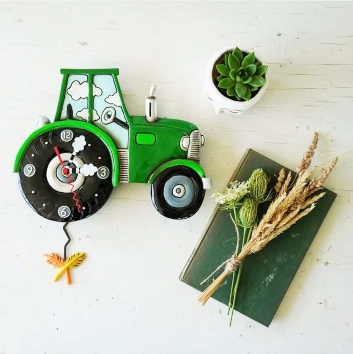 Green Farm Tractor Pendulum Novelty Clock  |  Clocks Clocks Clocks