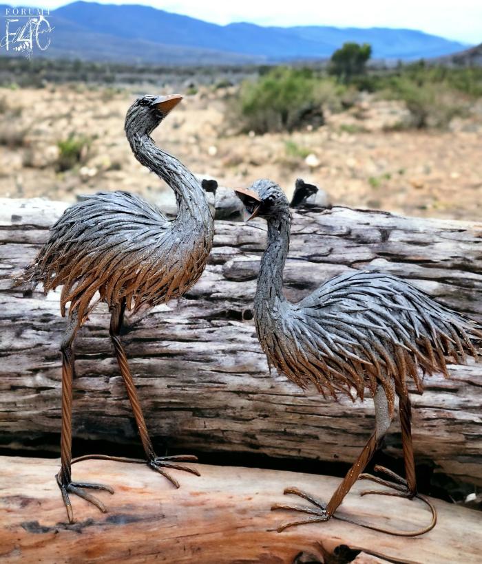 Grey & Rust 2Pc Metal Xlarge Emu Mates  |  Metal Decor Garden Creatures Garden Creatures