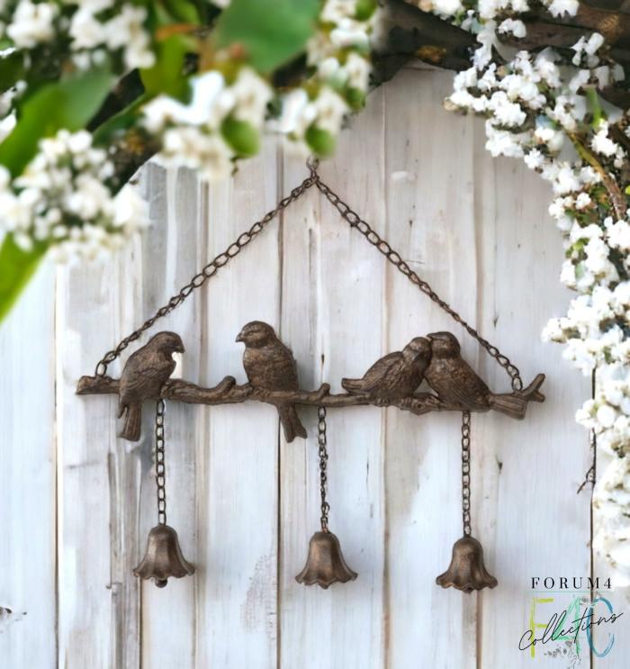 Hanging Lovebirds On Branch With Bells  |  Cast Iron Cast Iron Cast Iron