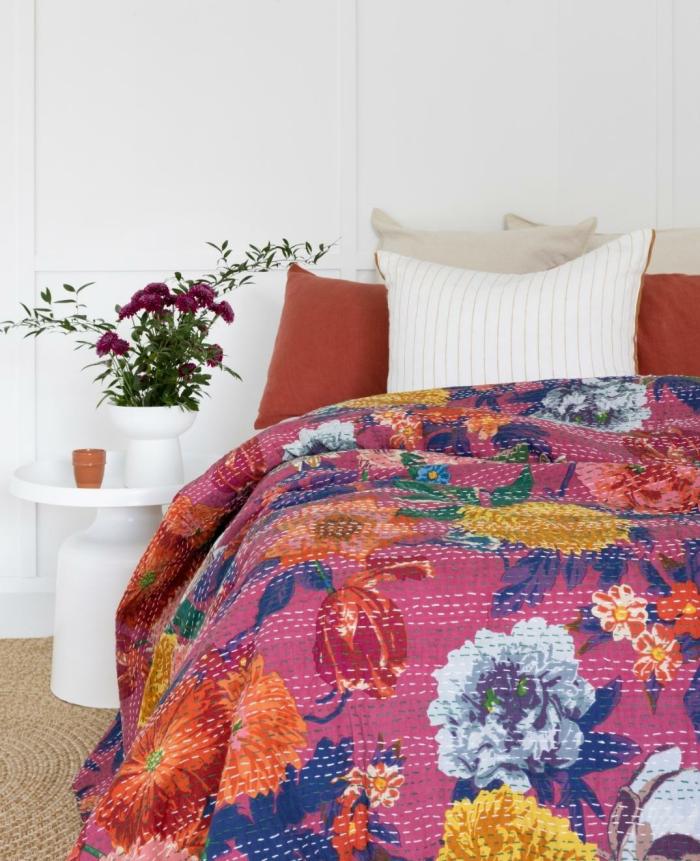 Kantha Quilt Bold Bouquet Magenta  |  Throw Blankets Homewares Throw Blankets