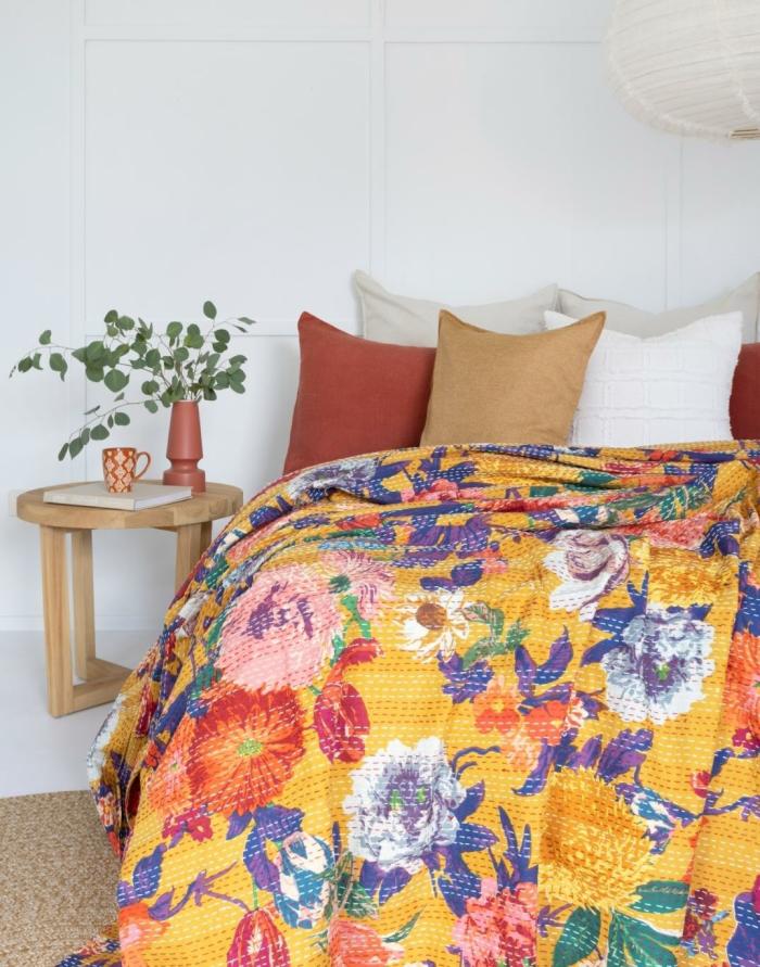 Kantha Quilt Bold Bouquet Mustard  |  Throw Blankets Homewares Throw Blankets