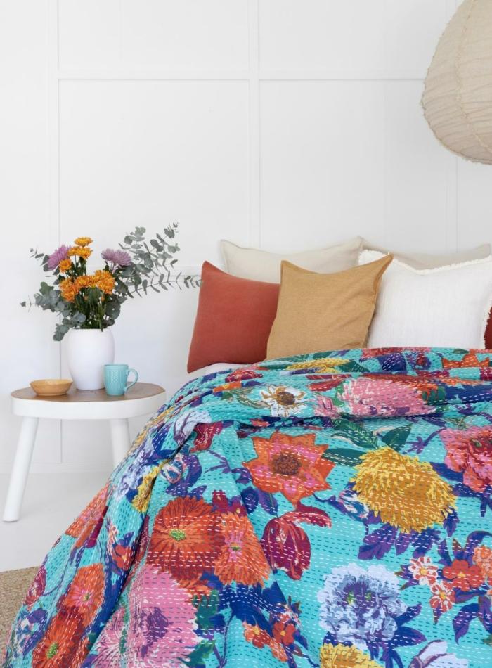 Kantha Quilt Bold Bouquet Turquoise  |  Throw Blankets Homewares Throw Blankets