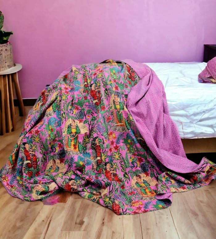 Kantha Quilt Frida Khalo Pink  |  Throw Blankets Homewares Throw Blankets