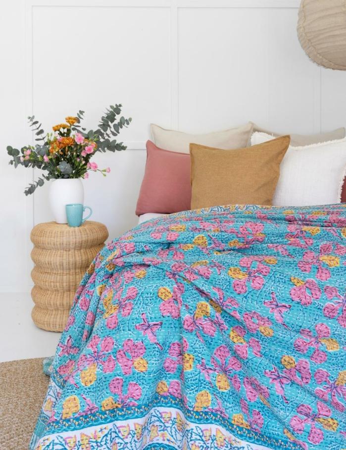 Kantha Quilt Sweet Candy Flowers  |  Throw Blankets Homewares Throw Blankets