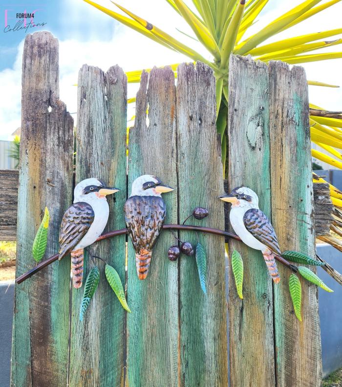 Kookaburra Trio On Gumtree Branch  |  Outdoor Wall Art Garden Creatures Garden Creatures