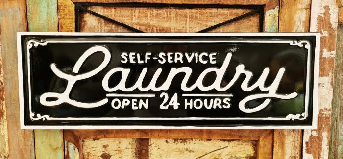 Laundry Self Service Enamel Sign – Black  |  Quote Wall Plaques Homewares Quote Wall Plaques