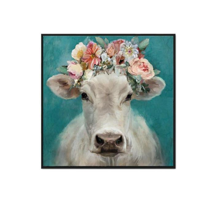 Meadow The White Floral Cow – Framed Canvas Wall Decor  |  Framed Wall Canvas Art Cow Lovers Cow Lovers