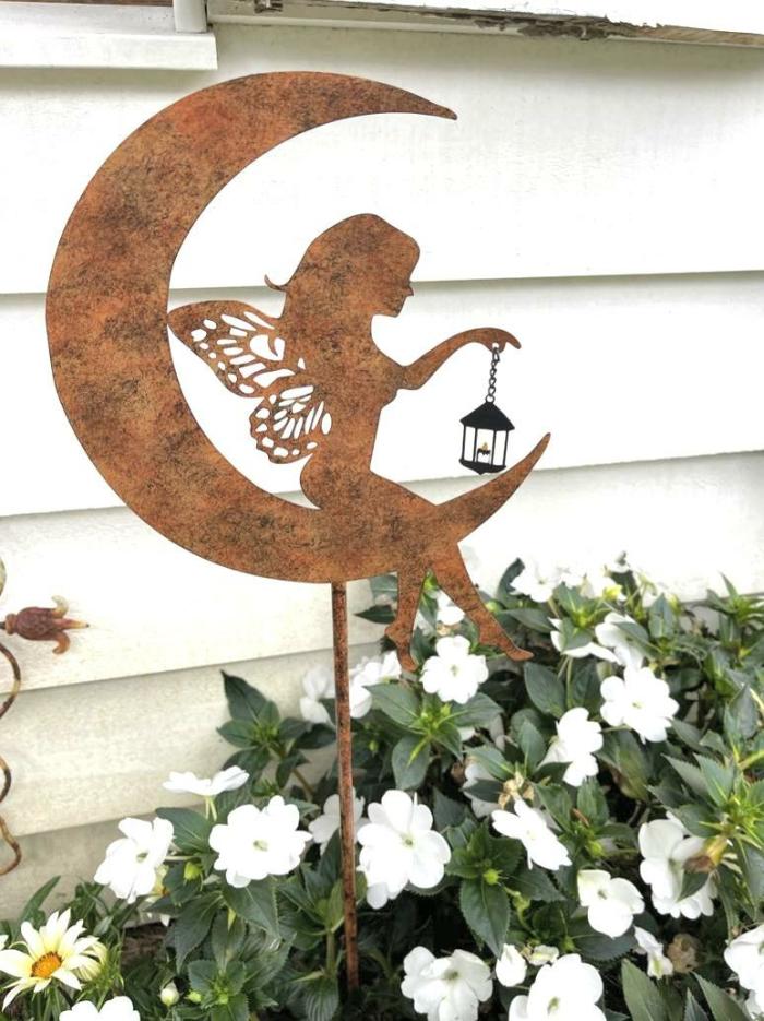 Moon Fairy Metal Garden Stake – Holding Lantern  |  Fairy Garden Fairy Garden Fairy Garden