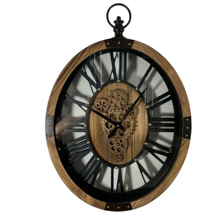 Moving Gears Industrial Oak Timber Stud Oval Clock  |  Clocks Clocks Clocks