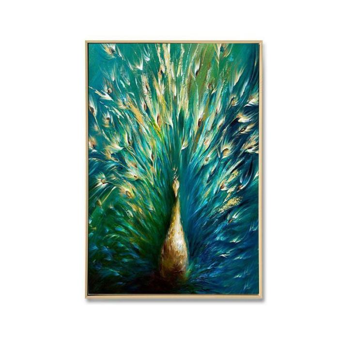 Perfect Peacock – Brushed Paint Framed Canvas Art ( Green & Blue )  |  Framed Wall Canvas Art Framed Wall Canvas Art Framed Wall Canvas Art