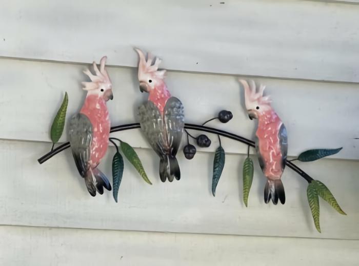 Pink Galah Trio On Gumtree Branch  |  Metal Decor Garden Creatures Garden Creatures