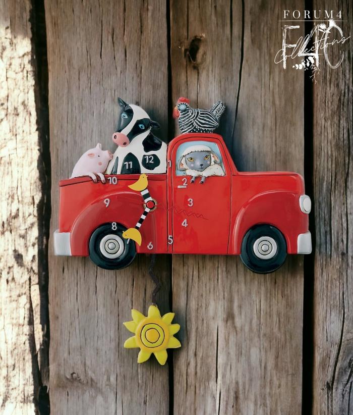 Red Farm Truck Pendulum Novelty Clock  |  Clocks Clocks Clocks