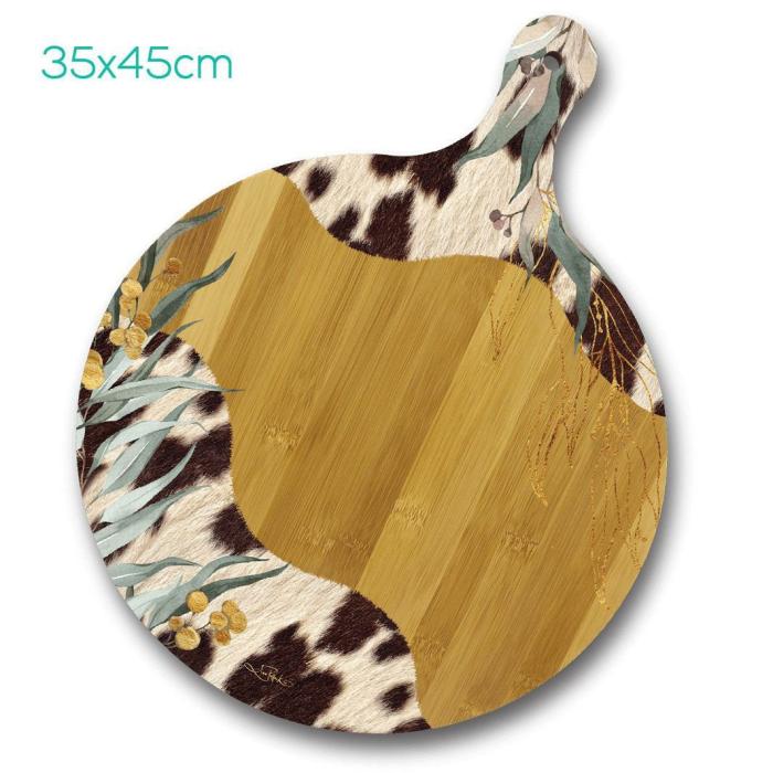 Round Bamboo Serving Platter – Native Cowhide  |  Cow Lovers Cow Lovers Cow Lovers