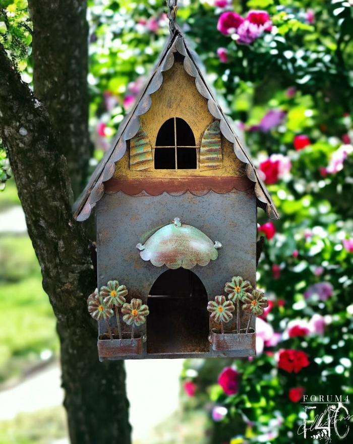 Rustic Blue Flower Couture Hanging Birdhouse  |  Metal Decor Garden Accessories Garden Accessories