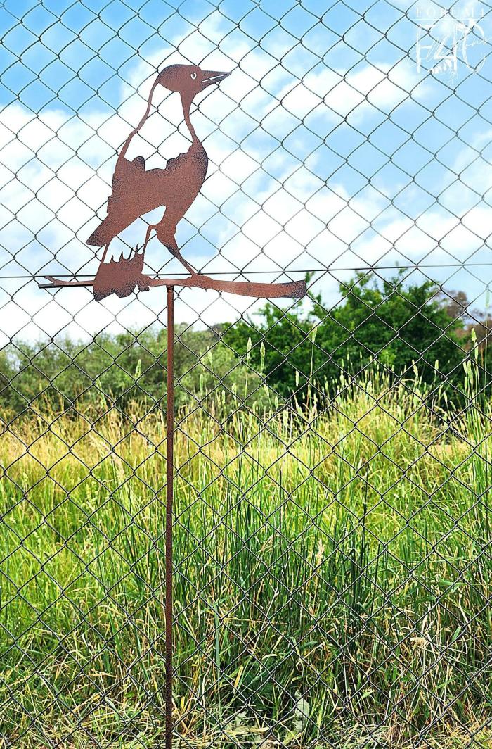 Rustic Native Magpie On A Branch Stake  |  Rusty Garden Items Garden Creatures Garden Creatures