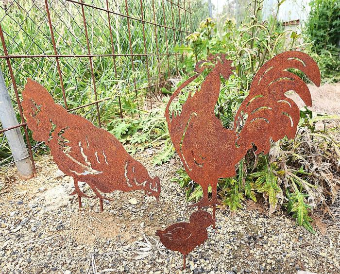 Rusty Chook Trio Garden Stakes  |  Metal Decor Chickens Chickens