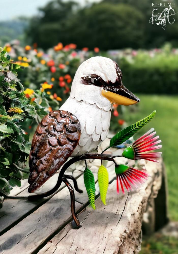 Standing Kookaburra On Branch With Blossoms  |  Garden Creatures Garden Accessories Garden Accessories