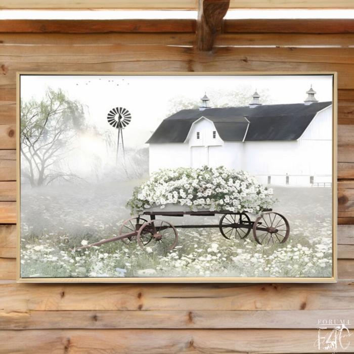 Vintage Farmers Cart With Barn – Framed Brushed Canvas Wall Decor  |  Framed Wall Canvas Art Framed Wall Canvas Art Framed Wall Canvas Art