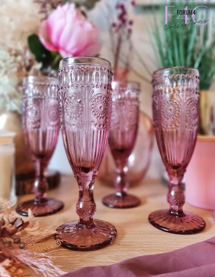 4Pc Vintage Dark Pink Flute Glasses  |  Glassware Glassware Glassware