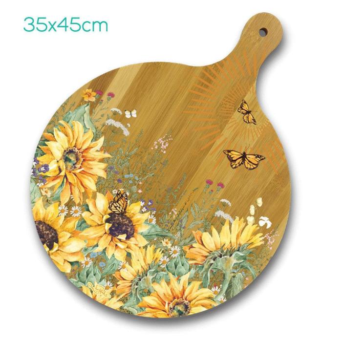 Round Bamboo Serving Platter – Butterflies & Gold Sunflowers  |  Trays Bowls Catering & Tableware Catering & Tableware