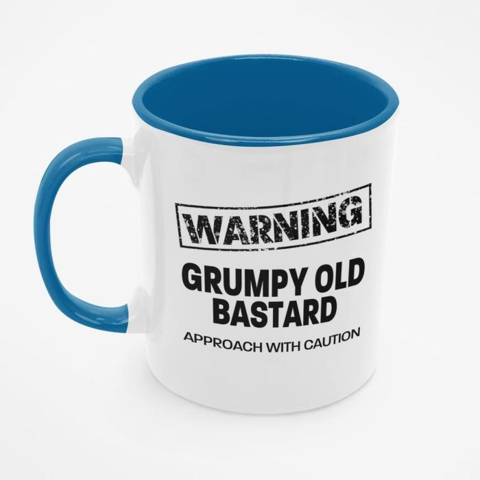 Blue – " Warning Grumpy Old Bastard " – Quote Mug  |  Mugs Kitchenware Mugs