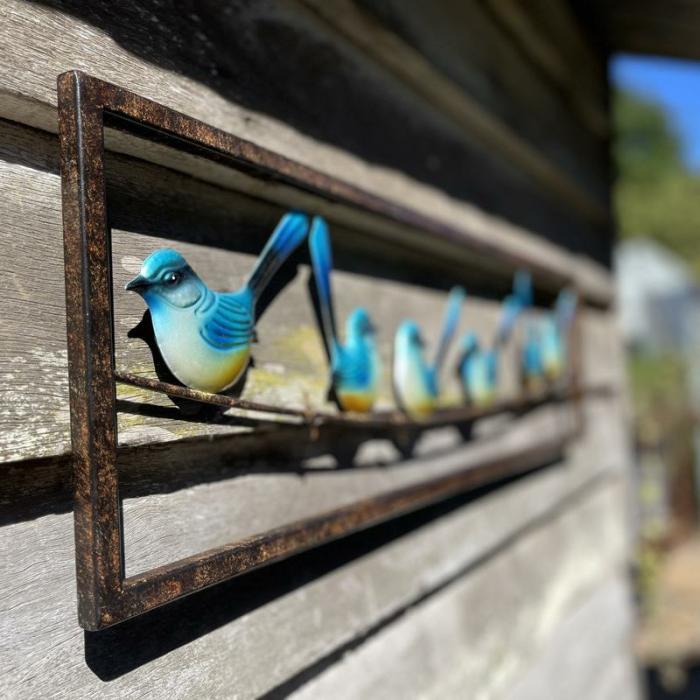 Framed Blue Wrens On Barbed Wire  |  Outdoor Wall Art Garden Creatures Garden Creatures